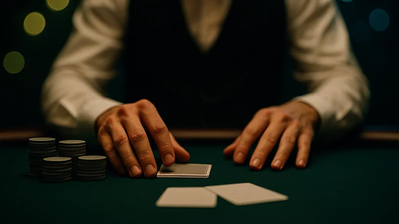 Mesa de blackjack en vivo con cartas y fichas